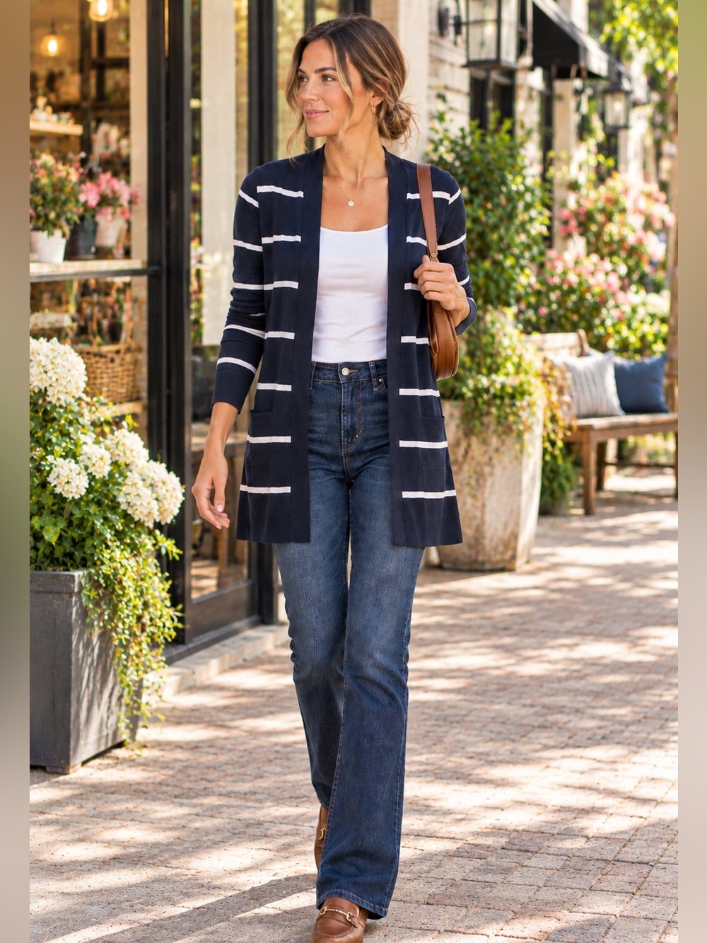 LOFT Navy White Striped Long Open Cardigan Lightweight Knit NWT L